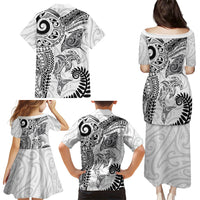 Aotearoa Maori Sea Animals Tribal Family Matching Puletasi and Hawaiian Shirt Manta Ray and Shark Moko Pattern White Color