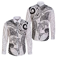 Aotearoa Maori Sea Animals Tribal Family Matching Puletasi and Hawaiian Shirt Manta Ray and Shark Moko Pattern White Color LT03 Dad's Shirt - Long Sleeve White - Polynesian Pride