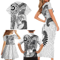 Aotearoa Maori Sea Animals Tribal Family Matching Short Sleeve Bodycon Dress and Hawaiian Shirt Manta Ray and Shark Moko Pattern White Color