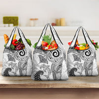 Aotearoa Maori Sea Animals Tribal Grocery Bag Manta Ray and Shark Moko Pattern White Color