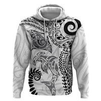 Aotearoa Maori Sea Animals Tribal Hoodie Manta Ray and Shark Moko Pattern White Color