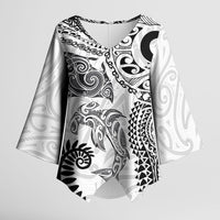 Aotearoa Maori Sea Animals Tribal Kimono Sleeve Blouse Manta Ray and Shark Moko Pattern White Color