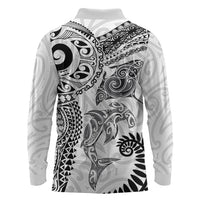 Aotearoa Maori Sea Animals Tribal Long Sleeve Polo Shirt Manta Ray and Shark Moko Pattern White Color