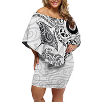 Aotearoa Maori Sea Animals Tribal Off Shoulder Short Dress Manta Ray and Shark Moko Pattern White Color