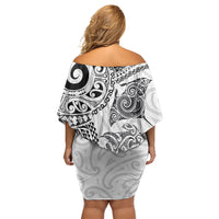 Aotearoa Maori Sea Animals Tribal Off Shoulder Short Dress Manta Ray and Shark Moko Pattern White Color