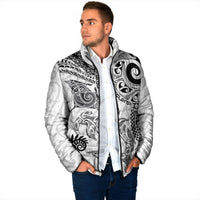 Aotearoa Maori Sea Animals Tribal Padded Jacket Manta Ray and Shark Moko Pattern White Color