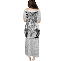Aotearoa Maori Sea Animals Tribal Puletasi Manta Ray and Shark Moko Pattern White Color