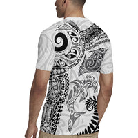 Aotearoa Maori Sea Animals Tribal Rugby Jersey Manta Ray and Shark Moko Pattern White Color