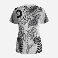 Aotearoa Maori Sea Animals Tribal Scrub Top Manta Ray and Shark Moko Pattern White Color