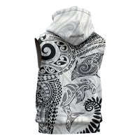 Aotearoa Maori Sea Animals Tribal Sleeveless Hoodie Manta Ray and Shark Moko Pattern White Color