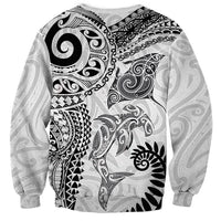 Aotearoa Maori Sea Animals Tribal Sweatshirt Manta Ray and Shark Moko Pattern White Color