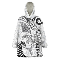 Aotearoa Maori Sea Animals Tribal Wearable Blanket Hoodie Manta Ray and Shark Moko Pattern White Color