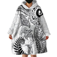 Aotearoa Maori Sea Animals Tribal Wearable Blanket Hoodie Manta Ray and Shark Moko Pattern White Color