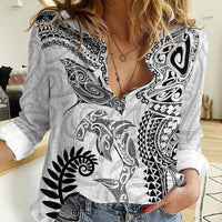 Aotearoa Maori Sea Animals Tribal Women Casual Shirt Manta Ray and Shark Moko Pattern White Color