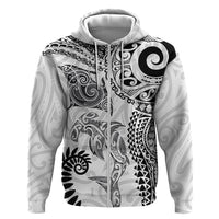 Aotearoa Maori Sea Animals Tribal Zip Hoodie Manta Ray and Shark Moko Pattern White Color