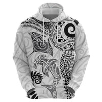 Aotearoa Maori Sea Animals Tribal Zip Hoodie Manta Ray and Shark Moko Pattern White Color