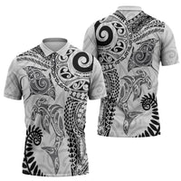Aotearoa Maori Sea Animals Tribal Zipper Polo Shirt Manta Ray and Shark Moko Pattern White Color