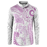 Aotearoa Maori Sea Animals Tribal Button Sweatshirt Manta Ray and Shark Moko Pattern Pink Color