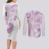 Aotearoa Maori Sea Animals Tribal Couples Matching Long Sleeve Bodycon Dress and Long Sleeve Button Shirt Manta Ray and Shark Moko Pattern Pink Color