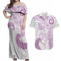 Aotearoa Maori Sea Animals Tribal Couples Matching Off Shoulder Maxi Dress and Hawaiian Shirt Manta Ray and Shark Moko Pattern Pink Color