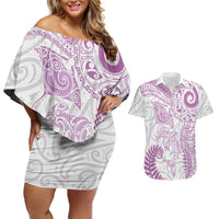 Aotearoa Maori Sea Animals Tribal Couples Matching Off Shoulder Short Dress and Hawaiian Shirt Manta Ray and Shark Moko Pattern Pink Color