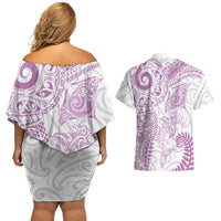 Aotearoa Maori Sea Animals Tribal Couples Matching Off Shoulder Short Dress and Hawaiian Shirt Manta Ray and Shark Moko Pattern Pink Color