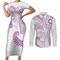 Aotearoa Maori Sea Animals Tribal Couples Matching Short Sleeve Bodycon Dress and Long Sleeve Button Shirt Manta Ray and Shark Moko Pattern Pink Color