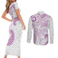 Aotearoa Maori Sea Animals Tribal Couples Matching Short Sleeve Bodycon Dress and Long Sleeve Button Shirt Manta Ray and Shark Moko Pattern Pink Color