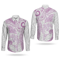 Aotearoa Maori Sea Animals Tribal Couples Matching Tank Maxi Dress and Long Sleeve Button Shirt Manta Ray and Shark Moko Pattern Pink Color LT03 - Polynesian Pride