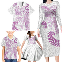 Aotearoa Maori Sea Animals Tribal Family Matching Long Sleeve Bodycon Dress and Hawaiian Shirt Manta Ray and Shark Moko Pattern Pink Color