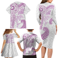 Aotearoa Maori Sea Animals Tribal Family Matching Long Sleeve Bodycon Dress and Hawaiian Shirt Manta Ray and Shark Moko Pattern Pink Color