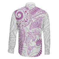 Aotearoa Maori Sea Animals Tribal Family Matching Long Sleeve Bodycon Dress and Hawaiian Shirt Manta Ray and Shark Moko Pattern Pink Color