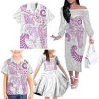 Aotearoa Maori Sea Animals Tribal Family Matching Off The Shoulder Long Sleeve Dress and Hawaiian Shirt Manta Ray and Shark Moko Pattern Pink Color