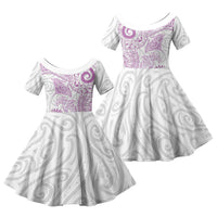 Aotearoa Maori Sea Animals Tribal Family Matching Off The Shoulder Long Sleeve Dress and Hawaiian Shirt Manta Ray and Shark Moko Pattern Pink Color LT03 Daughter's Dress Pink - Polynesian Pride