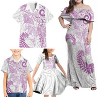 Aotearoa Maori Sea Animals Tribal Family Matching Off Shoulder Maxi Dress and Hawaiian Shirt Manta Ray and Shark Moko Pattern Pink Color