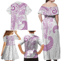 Aotearoa Maori Sea Animals Tribal Family Matching Off Shoulder Maxi Dress and Hawaiian Shirt Manta Ray and Shark Moko Pattern Pink Color