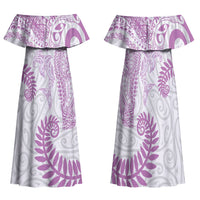 Aotearoa Maori Sea Animals Tribal Family Matching Off Shoulder Maxi Dress and Hawaiian Shirt Manta Ray and Shark Moko Pattern Pink Color LT03 Mom's Dress Pink - Polynesian Pride
