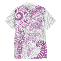 Aotearoa Maori Sea Animals Tribal Family Matching Off Shoulder Maxi Dress and Hawaiian Shirt Manta Ray and Shark Moko Pattern Pink Color
