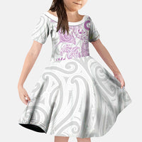 Aotearoa Maori Sea Animals Tribal Family Matching Off Shoulder Short Dress and Hawaiian Shirt Manta Ray and Shark Moko Pattern Pink Color
