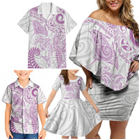 Aotearoa Maori Sea Animals Tribal Family Matching Off Shoulder Short Dress and Hawaiian Shirt Manta Ray and Shark Moko Pattern Pink Color LT03 - Polynesian Pride