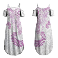 Aotearoa Maori Sea Animals Tribal Family Matching Summer Maxi Dress and Hawaiian Shirt Manta Ray and Shark Moko Pattern Pink Color LT03 Mom's Dress Pink - Polynesian Pride