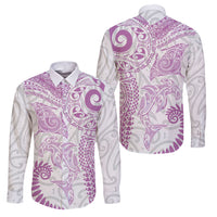 Aotearoa Maori Sea Animals Tribal Family Matching Summer Maxi Dress and Hawaiian Shirt Manta Ray and Shark Moko Pattern Pink Color LT03 Dad's Shirt - Long Sleeve Pink - Polynesian Pride