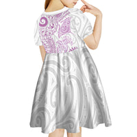 Aotearoa Maori Sea Animals Tribal Kid Short Sleeve Dress Manta Ray and Shark Moko Pattern Pink Color