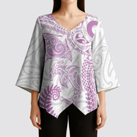 Aotearoa Maori Sea Animals Tribal Kimono Sleeve Blouse Manta Ray and Shark Moko Pattern Pink Color