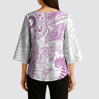 Aotearoa Maori Sea Animals Tribal Kimono Sleeve Blouse Manta Ray and Shark Moko Pattern Pink Color