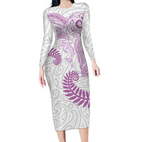 Aotearoa Maori Sea Animals Tribal Long Sleeve Bodycon Dress Manta Ray and Shark Moko Pattern Pink Color