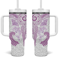 Aotearoa Maori Sea Animals Tribal Tumbler With Handle Manta Ray and Shark Moko Pattern Pink Color