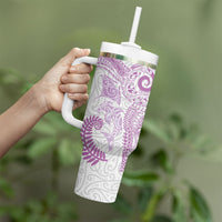 Aotearoa Maori Sea Animals Tribal Tumbler With Handle Manta Ray and Shark Moko Pattern Pink Color