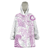 Aotearoa Maori Sea Animals Tribal Wearable Blanket Hoodie Manta Ray and Shark Moko Pattern Pink Color