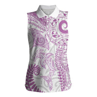 Aotearoa Maori Sea Animals Tribal Women Sleeveless Polo Shirt Manta Ray and Shark Moko Pattern Pink Color